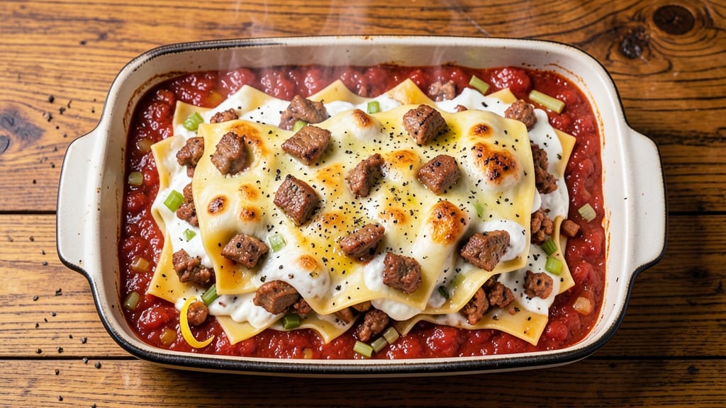 Minced Pork Lasagna Recipe: Crispy Celery Crowns Over Savory Tomato-Ricotta Layers