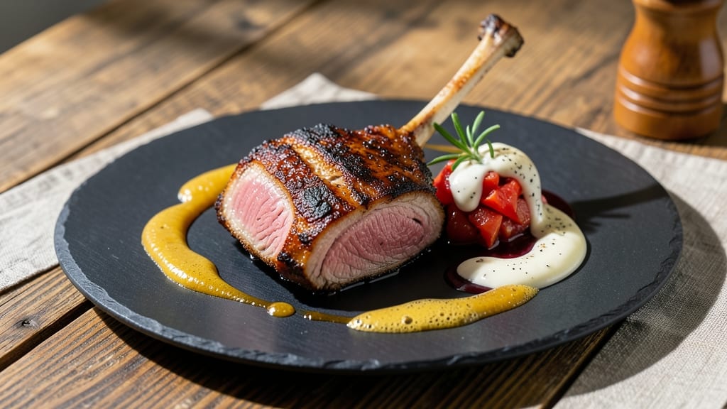 Mirage Pork Chops Recipe: Celery Crown Crunch Over Smoky Tomato Velout