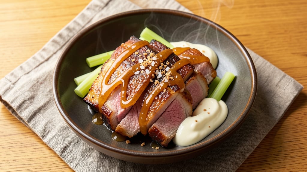 Apple Cider Pork Belly Recipe: Crispy Celery Crowns Over Spiced Cider Velout