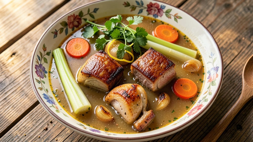 Chicken and Pork Soup Recipe: Savory Herb-Infused Broth With Tender Meat Pieces